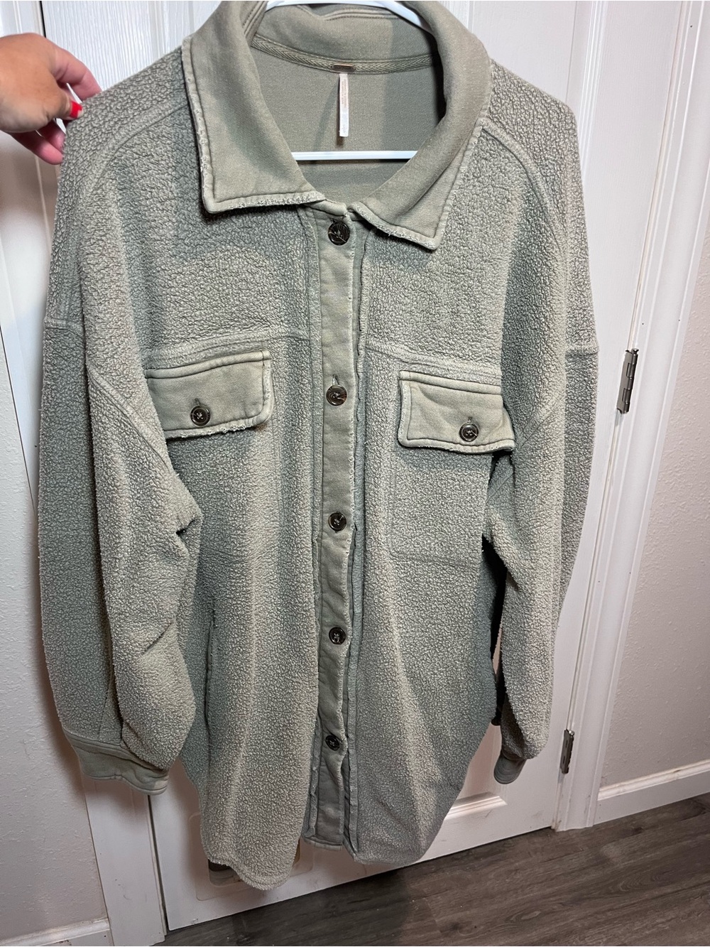 Free People 
Faux-Sherpa Button-Front Jacket - Sage Green